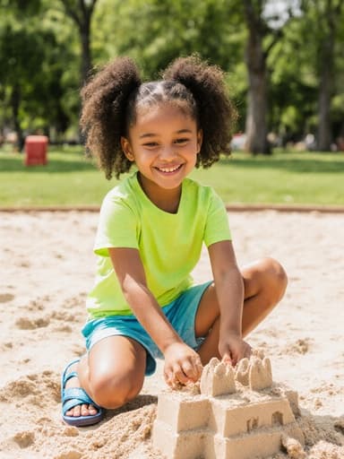 7세 혼혈 여성 아동의 반신 사진으로, 귀여운 외모를 가진 아이가 밝은 색의 티셔츠와 반바지를 입고 한 손으로 모래성을 만들며 다른 손으로 요가 자세를 취하고 있습니다. 배경은 푸른 잔디와 나무들이 있는 공원으로, 즐거운 분위기를 만들어냅니다.