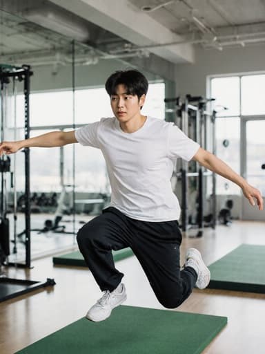 건강하고 활기찬 20대 한국 남성이 넓은 실내 체육관에서 즐겁게 점프하고 있으며, 세련된 운동복을 입고 있습니다. 그의 편안한 표정과 자연스러운 자세는 밝은 체육관 환경 속에서 자유로움과 생동감을 전달합니다.