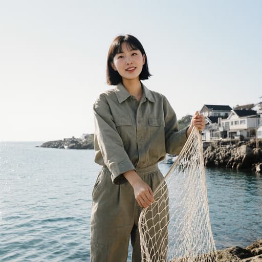 바다를 배경으로 한 어촌 마을에서 어망을 들고 있는 열정적인 10대 후반 한국인 여성의 반신 사진. 편안한 작업복과 운동화를 착용하고 있습니다.