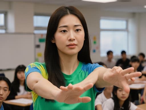 30대 아시아계 여성의 반신 사진으로, 긴 머리를 가진 자연스러운 외모의 그녀가 편안한 운동복과 발랄한 색상의 티셔츠를 착용하고 있습니다. 그녀는 불안한 표정을 지으며 손을 앞으로 뻗는 춤추는 자세를 취하고 있습니다. 넓은 강의실의 배경에는 여러 명의 학생들이 그녀를 지켜보고 있는 모습이 담겨 있어, 장면의 상호작용적인 분위기를 강조합니다.