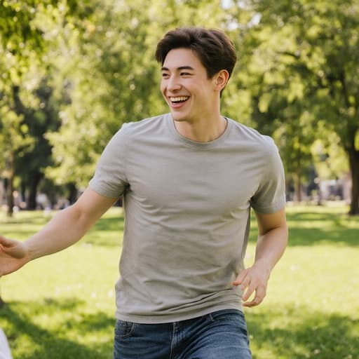 20대 백인 남성 모델이 편안한 티셔츠와 청바지를 입고, 햇살이 비추는 공원에서 고객과의 대화 중 점프하는 모습의 반신 촬영입니다. 나무와 잔디로 둘러싸인 자연 환경이 밝고 활기찬 분위기를 강조하며, 행복하고 자유로운 표정을 드러냅니다.