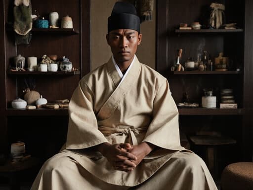 30대 아프리카계 남성이 자연 소재로 만들어진 전통 의사복을 입고 반신 샷으로 촬영되었습니다. 그는 다리를 뻗고 앉아 찡그린 표정으로 뜸 치료를 준비하고 있습니다. 배경은 전통 한의원으로, 치료에 필요한 도구들이 정돈되어 있어 진정한 느낌을 줍니다.