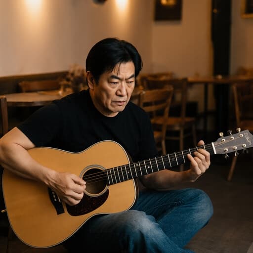 40대 아시아계 남성이 아늑한 카페 바닥에 앉아 기타를 치며 진지한 표정을 짓고 있는 반신 샷, 검은색 티셔츠와 청바지를 착용하고 있으며, 찌푸린 눈썹과 굳게 다문 입술로 감정을 표현하고 있습니다. 따뜻한 조명과 아늑한 가구들로 둘러싸인 장면입니다.
