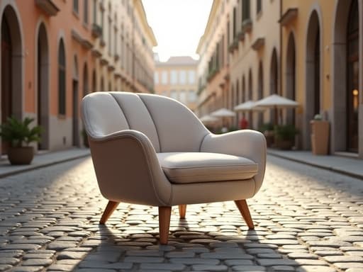 의자, 가구; 우아한 디자인, 부드러운 직물 장식, 자연 나무 다리; 자갈길과 역사적인 건물이 있는 이탈리아 광장; 생기 넘치는 분위기.