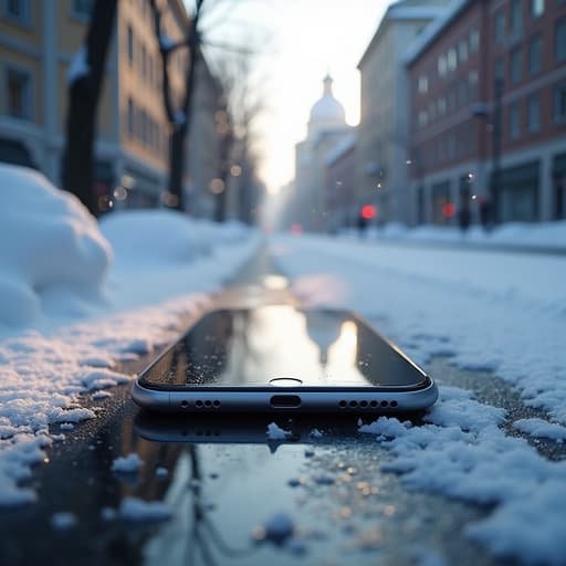 눈 덮인 거리의 스마트폰과 내리는 눈송이가 함께하는 고요한 겨울 분위기.