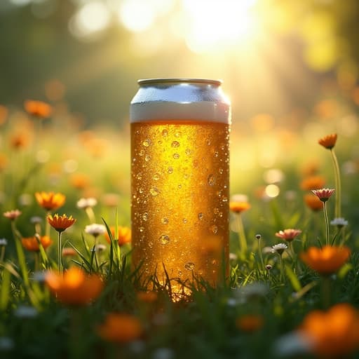 영국식 정원에 있는 맥주, 자연채광이 잎사귀 사이로 스며드는 상쾌하고 고요한 분위기.