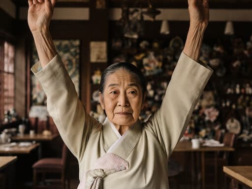부드러운 색상의 전통 한복을 입고 걱정스러운 표정을 지으며 손을 높이 들어 스트레칭하는 80대 한국인 여성의 반신 사진. 아늑한 카페 내부에는 전통 공예품들이 전시되어 있고 따뜻한 조명이 비추고 있습니다.