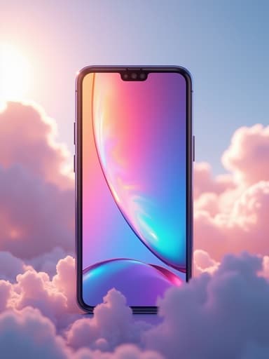 스마트폰, 디지털기기, 무지개가 뜬 하늘과 부드러운 구름, 고요하고 기분이 좋음