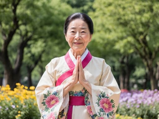 70대 여성의 반신 촬영으로, 화사한 꽃무늬의 전통 한복을 입고 평온한 표정으로 가슴 앞에 손을 모아 인사하는 모습이며, 배경은 아름다운 공원으로 푸른 나무와 꽃들이 어우러져 있습니다.
