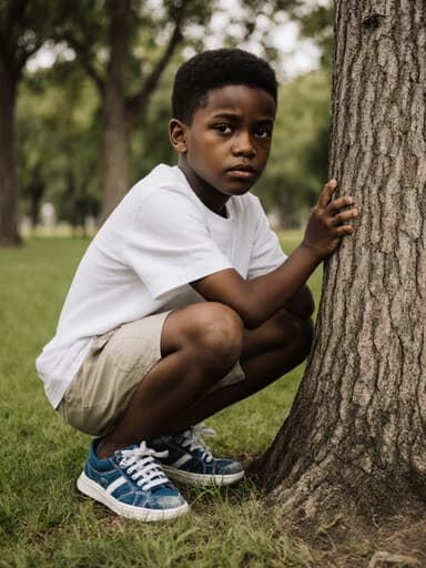 평화로운 공원 배경에서 나무 뒤에 숨은 채 지루한 표정을 짓고 있는 귀여운 7세 흑인 남자아이의 반신 사진. 편안한 티셔츠와 반바지를 착용하고 있습니다.