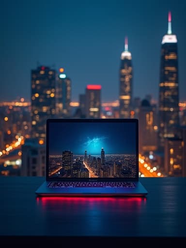 야경 도시 배경에 있는 노트북과 조명이 반사된 고층 건물들이 어우러져 도시적이고 세련된 분위기를 연출합니다.