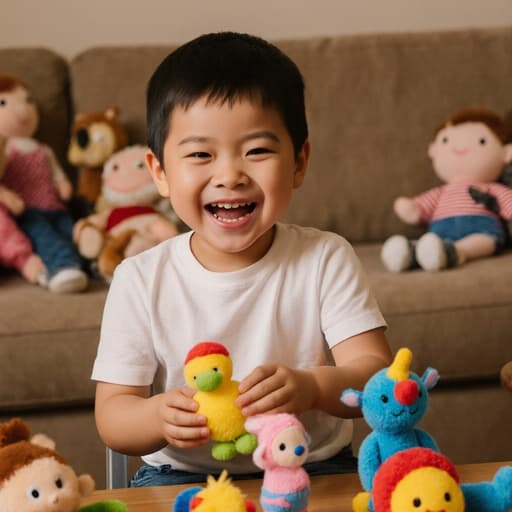 아늑한 거실 테이블에서 장난감 인형을 가지고 놀며 즐겁게 웃고 있는 귀여운 3세 혼혈 남성의 반신 사진. 그는 편안한 티셔츠와 청바지를 입고 있으며, 따뜻하고 초대하는 분위기 속에서 장난기 넘치는 모습을 보여줍니다.