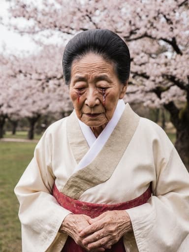 이 이미지는 전통 한복을 입고 슬픈 표정을 지으며 눈가에 눈물이 맺힌 80대의 동양인 여성의 모습입니다. 그녀는 두 손을 모아 가슴 앞에 두고 고개를 살짝 숙인 채로 우아하게 포즈를 취하고 있으며, 만개한 벚꽃 나무 아래의 평화로운 공원 배경이 어우러져 있습니다.