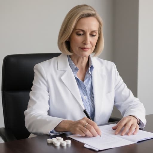 40대 유럽계 여성의 반신 사진으로, 자연스러운 외모를 지닌 자신감 있는 모습입니다. 의사 가운 위에 깔끔한 블라우스와 바지를 입고 있으며, 현대적인 회의실 테이블에 앉아 약품 목록을 정리하고 있습니다. 차분한 표정이 그녀의 평온한 감정을 잘 드러내고 있습니다. 배경은 현대적인 회의실 인테리어로, 그녀의 전문적인 역할을 잘 보완하는 차분한 분위기를 자아내고 있습니다.