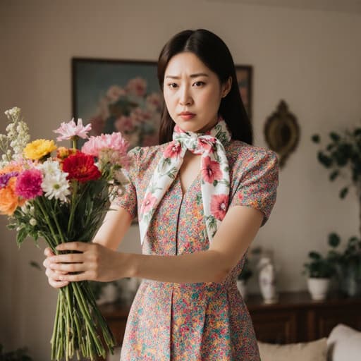 화사한 꽃무늬 드레스와 스카프를 착용한 20대 한국인 여성이 아름답게 꾸며진 거실에서 꽃꽂이를 하며 점프하는 모습이 담겨 있으며, 그녀는 짜증난 표정을 하고 있습니다. 거실에는 화분과 꽃병이 가득해 꽃꽂이 주제를 잘 표현하고 있습니다.
