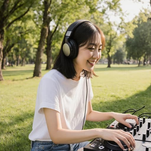 10대 후반의 동양인 여성 모델이 편안한 티셔츠와 청바지를 입고 헤드폰을 착용한 채 녹음 장비에 즐겁게 몰입하고 있습니다. 푸른 나무와 잔디로 둘러싸인 평화로운 공원에서 햇살이 비추는 배경 속에서 그녀의 자연스러운 미소는 음악에 대한 사랑과 편안함을 잘 나타냅니다.