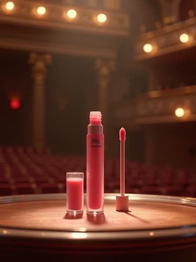 립 틴트, 광택 마감, 부드러운 어플리케이터, 우아한 클래식 오케스트라 홀 중앙에 배치, 극적인 조명, 앤티크 목재 액센트, 배경은 부드러운 포커스, 무대에 드리워진 그림자, 섬세한 디테일.