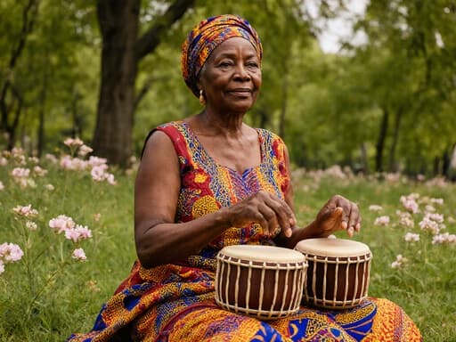 전통 아프리카 의상을 입은 70대의 흑인 여성이 푸르른 공원에서 풀밭에 앉아 전통 놀이 도구를 다루고 있습니다. 울창한 나무와 다채로운 꽃들로 둘러싸인 그녀는 평온하고 여유로운 표정을 지으며 문화적 유산을 나타내고 있는 모습입니다.