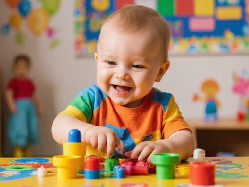 테이블에 앉아 장난감을 가지고 활발히 노는 1세 남성 백인 아기의 반신 사진. 아기는 밝은 색상의 티셔츠와 반바지를 입고 있으며, 아기자기한 장식과 교육용 도구들이 있는 유치원 내부에서 즐거운 표정을 짓고 있습니다.