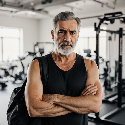 50대 중동계 남성이 짧은 머리와 수염을 가진 모습의 반신 샷. 그는 스포츠 의상을 입고 한쪽 어깨에 스포츠 가방을 메고 있으며, 약간 짜증난 표정으로 팔짱을 끼고 있다. 배경은 체육관과 운동 기구가 있는 활기찬 실내 스포츠 시설로, 불만을 느끼면서도 피트니스에 대한 결단력을 전달하고 있다.