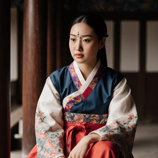 전통적인 한복을 입고 우아한 소매와 밝은 패턴을 가진 혼혈 10대 소녀가 진지한 표정으로 뜸 치료 도구를 들고 무릎 위에 손을 올리고 앉아 있으며, 나무 기둥과 고전적인 장식이 있는 전통 한옥 내부에서 차분한 강렬함을 전달합니다.