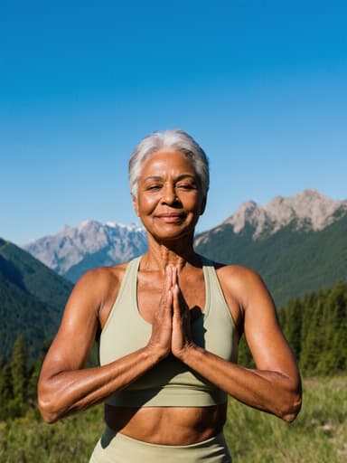 50대의 혼혈 여성이 편안한 요가복을 입고 반신 샷으로 촬영되었습니다. 그녀는 맑은 하늘과 푸른 산을 배경으로 고요한 표정으로 요가 자세를 취하며 자연과의 조화로운 연결을 보여주고 있습니다.