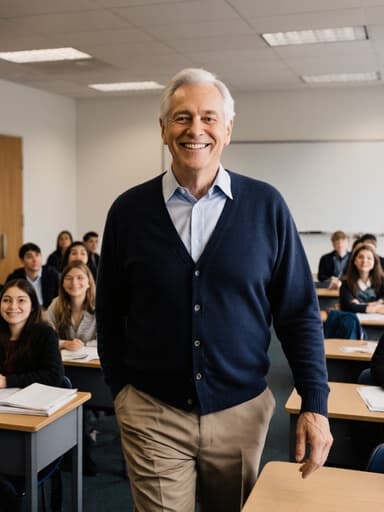 60대 유럽계 남성이 정장 바지, 셔츠, 가디건을 입고 밝은 교실에서 학생들과 적극적으로 소통하고 있는 모습입니다. 그는 환하게 웃으며 긍정적인 에너지를 발산하고 있으며, 학생들은 그를 주의 깊게 바라보며 앉아 있습니다. 분위기는 역동적이고 잘 조명된 학습 환경을 제공합니다.