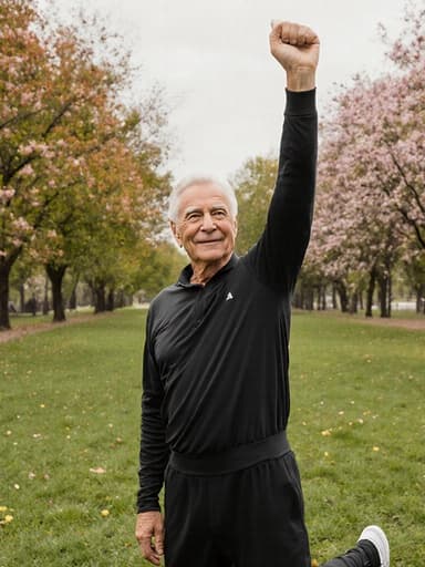 60대 백인 남성이 편안한 운동복과 세련된 운동화를 착용하고 있는 반신 촬영입니다. 그는 한쪽 팔을 높이 들며 자신감 있는 스트레칭 자세를 취하고 있으며, 고급스럽고 여유로운 표정을 짓고 있습니다. 배경은 푸르고 넓은 공원으로, 나무와 꽃들이 어우러져 있어 화사하고 초대하는 분위기를 만들어내며, 모델의 차분한 태도를 잘 보완합니다.
