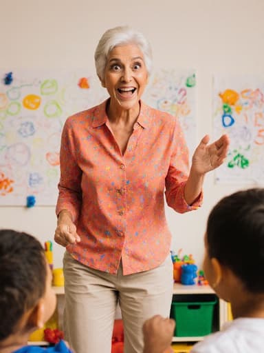 부드러운 인상을 가진 50대 라틴계 여성이 다채로운 놀이방에서 어린이들과 함께 즐겁게 춤추고 있으며, 밝은 색상의 캐주얼 블라우스와 편안한 바지를 입고 놀라운 표정을 짓고 있습니다.