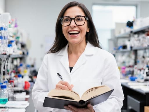 40대의 열정적인 라틴계 여성이 화이트 실험복과 안경을 착용하고 반신 촬영된 모습입니다. 한 손에 실험 노트를 들고 다른 손으로는 책을 넘기며 기대감 가득한 표정을 짓고 있습니다. 깨끗하고 현대적인 실험실 환경에서 다양한 연구 장비와 화학 물질들이 배치되어 있습니다.