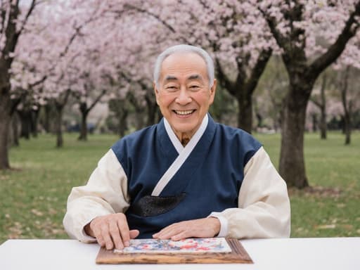 전통 한복을 입고 따뜻하게 미소 지으며 테이블에 놓인 전통 공예 작품을 감상하는 70대 아시아계 남성의 반신 사진. 아름다운 자연이 가득한 공원 배경에서 촬영되었습니다.
