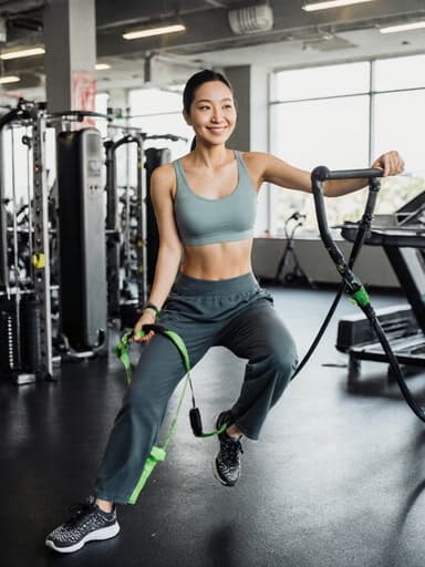 이 이미지는 30대 동양인 여성의 반신 사진으로, 편안한 운동복과 스니커즈를 착용하고 자연스러운 외모를 가지고 있습니다. 그녀는 운동용 기구를 들고 자유롭고 활기찬 표정을 지으며, 다양한 운동 기구가 배치된 밝고 활기찬 스포츠 센터에서 쇼핑하는 듯한 느낌을 주고 있습니다.