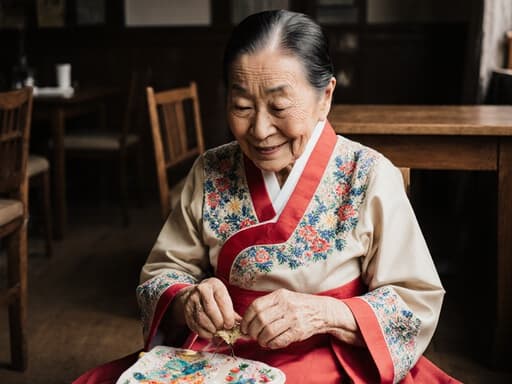 이 이미지는 80대의 아시아계 여성으로, 정교한 자수가 있는 전통 한복을 입고 자연스러운 아름다움을 뽐내고 있습니다. 그녀는 바닥에 앉아 따뜻한 미소를 지으며 전통 공예품과 교감하고 있으며, 아늑한 카페 환경에서 초대하고 감사하는 분위기를 만들어냅니다.