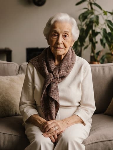 80대의 지혜로운 라틴계 여성의 반신 촬영. 그녀는 자연스러운 매력을 발산하며, 아늑한 거실의 소파에 다리를 꼬고 앉아 있습니다. 손은 무릎 위에 부드럽게 올려놓고 있으며, 편안한 면 소재 옷과 세련된 스카프를 착용하고 있습니다. 깊은 사유에 잠긴 듯한 모습으로 인생 경험을 반추하고 있는 듯합니다. 배경은 세련된 식물들과 함께 편안하고 따뜻한 분위기를 연출하고 있습니다.