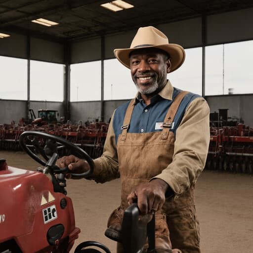 40대 아프리카계 남성이 농부 작업복을 입고 현대적인 농장 작업실에서 서 있습니다. 그는 농기계의 조작 레버를 자연스럽게 잡고 자신감과 자부심이 넘치는 표정을 지으며 밝은 색상과 정돈된 도구들로 구성된 배경 앞에 서 있습니다.