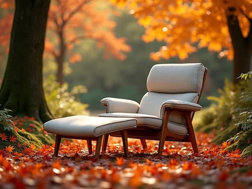 다채로운 단풍이 물든 가을 정원에 놓인 라운지 체어, 따뜻한 분위기