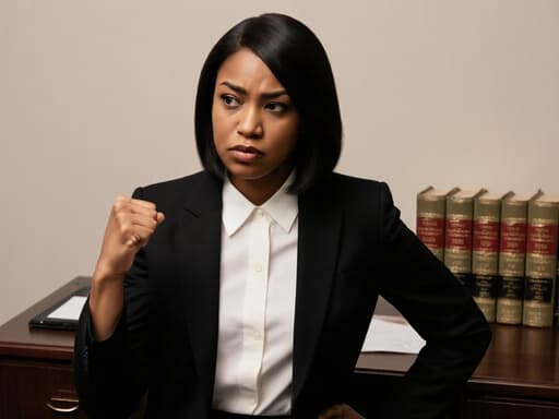 30대 흑인 여성이 세련된 블랙 자켓과 화이트 블라우스를 입고 현대적인 사무실에 서 있습니다. 한 손은 허리에 두고 다른 손은 주먹을 쥐고 불만스러운 표정을 짓고 있으며, 책상 위에는 법률 서적들이 놓여 있습니다.