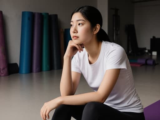10대 초반 아시아계 소녀가 편안한 요가복인 스타일리시한 티셔츠와 레깅스를 입고 반신 촬영된 모습입니다. 그녀는 요가 매트를 바라보며 고민하는 표정을 짓고 있으며, 손은 무릎에 올리고 있습니다. 배경은 요가 공간이 마련된 헬스장으로, 그녀의 요가 연습과의 연결을 강조하는 고요한 분위기를 연출하고 있습니다.