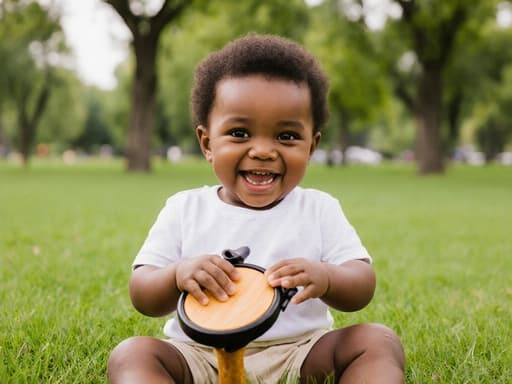 귀여운 1세의 흑인 남아가 장난스러운 표정으로 공원 잔디 위에 앉아 있으며, 편안한 티셔츠와 짧은 반바지를 입고 있습니다. 그는 손에 작은 악기를 들고 즐겁게 연주하고 있으며, 배경에는 푸른 잔디와 나무들이 있어 생동감 있고 즐거운 분위기를 만들어냅니다.