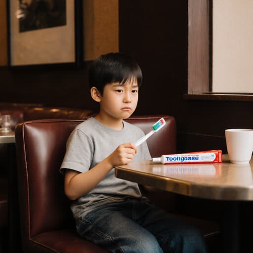 7세 아시아계 남성이 자연스러운 외모로 아늑한 카페 테이블에 앉아 칫솔을 들고 불안한 표정을 짓고 있습니다. 편안한 티셔츠와 청바지를 입고 있으며, 테이블 위에는 치약과 컵이 놓여 있어 개인 위생의 주제를 강조하는 따뜻한 카페 환경에 둘러싸여 있습니다.