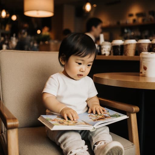아늑한 카페에 앉아 있는 귀엽고 사랑스러운 1세 아시아계 여아의 반신 사진. 편안한 티셔츠와 바지를 입고 작은 스니커즈를 신은 그녀는 무릎 위에 놓인 아기자기한 그림책을 배고픈 표정으로 바라보고 있으며, 따뜻한 조명과 다양한 음료가 놓인 테이블로 아늑한 분위기를 연출하고 있습니다.