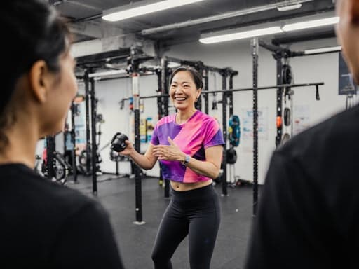 40대 동양인 여성이 스포츠 용품을 들고 밝게 웃으며 설명하는 모습의 생동감 넘치는 반신 사진, 운동 기구로 가득한 스포츠 교육 학원에서 촬영됨.