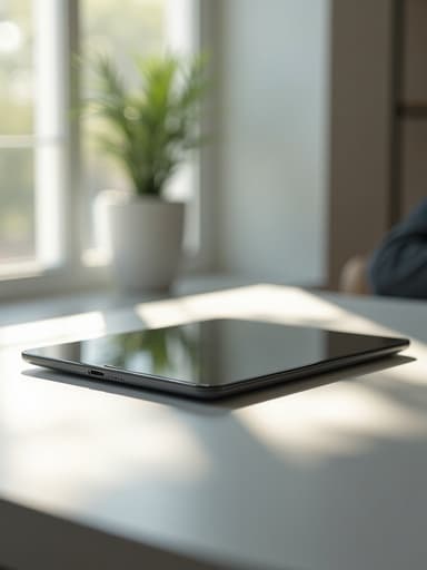 미니멀리스트 스튜디오 테이블 위의 슬림한 태블릿, 부드러운 자연광이 매끄러운 유리 및 금속 질감을 비추고, 얕은 심도, 부드러운 그림자, 표면에 미세한 반사, 차분하고 전문적인 분위기.