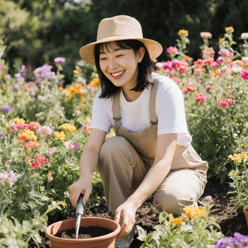 30대 한국인 여성의 반신 사진, 편안한 정원 작업복과 모자를 착용하고 화분에 꽃을 심으며 미소 짓고 있는 모습. 아름답게 꾸며진 정원에서 다양한 꽃들이 만개해 있는 배경과 함께 행복한 분위기를 자아냅니다.