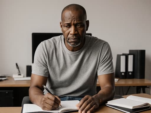 50대 흑인 남성이 자연스러운 외모로 편안한 티셔츠와 청바지를 입고, 깔끔한 책상 위에 놓인 노트에 메모를 하고 있는 모습의 반신 사진입니다. 그의 표정은 당황한 듯하며, 생각에 잠긴 눈빛이 생산적인 분위기를 만들어냅니다.