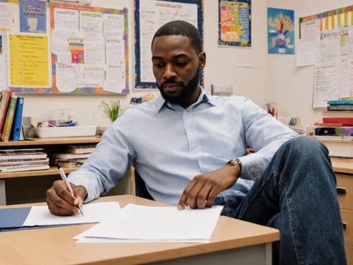 30대 아프리카계 남성이 캐주얼한 셔츠와 청바지를 입고 교사 사무실 책상에 앉아, 서류를 살펴보며 쇼핑 목록을 작성하는 평온한 모습의 반신 촬영. 정리된 교육 자료와 포스터로 둘러싸인 그의 모습은 차분하고 생산적인 분위기를 전달합니다.