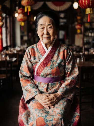 80대 한국인 여성이 화려한 전통 한복을 입고 축제로 장식된 아늑한 카페에서 편안하게 앉아 있습니다. 그녀는 무릎 위에 손을 올리고 여유로운 표정으로 편안함을 느끼고 있으며, 축제 분위기 속에서 고요함을 전달하고 있습니다.