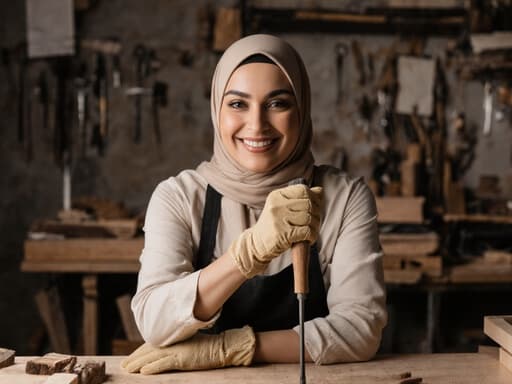 이미지는 40대 중동계 여성이 편안한 작업복과 보호 장갑을 착용하고, 카페 작업 공간에서 목공 도구를 들고 균형을 잡고 있는 모습입니다. 그녀의 세련된 표정과 자신감 있는 미소는 그녀의 장인정신을 잘 나타냅니다.