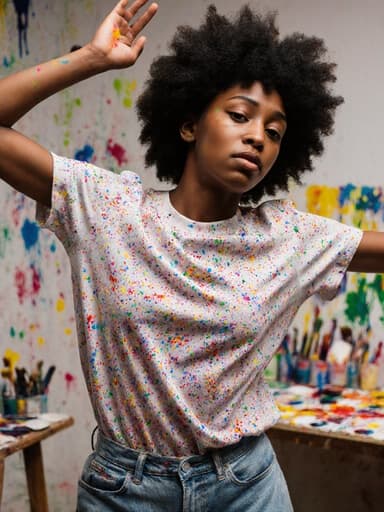 색채 혼합 스튜디오에서 편안한 작업복과 페인트 얼룩이 묻은 티셔츠를 입고 점프하며 팔을 벌리고 있는 10대 후반의 흑인 여성의 전신 사진. 그녀는 주변의 다양한 색상의 물감을 표현하며 지친 표정을 짓고 있습니다.