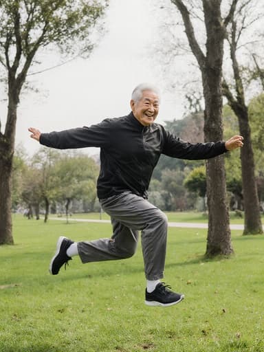 자연스러운 외모를 가진 80대 한국인 남성이 편안한 운동복을 입고 있는 전신 사진입니다. 그는 친근한 미소를 띄우며 즐거운 감정을 표현하고 있으며, 활력과 에너지를 전달하기 위해 점프하는 자세로 촬영되었습니다. 배경은 푸른 잔디와 나무가 있는 공원으로, 주제의 기분 좋고 생기 있는 모습을 잘 강조하는 활기찬 분위기를 만들어냅니다.